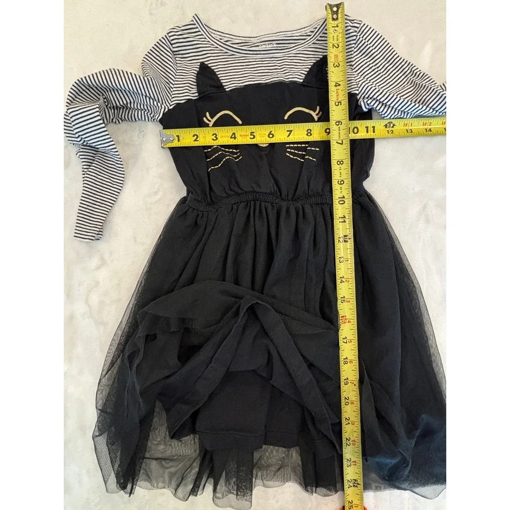 Carters Girls Size 7 Black Striped Cat Tulle Tutu Dress Long Sleeve Gold Whisk